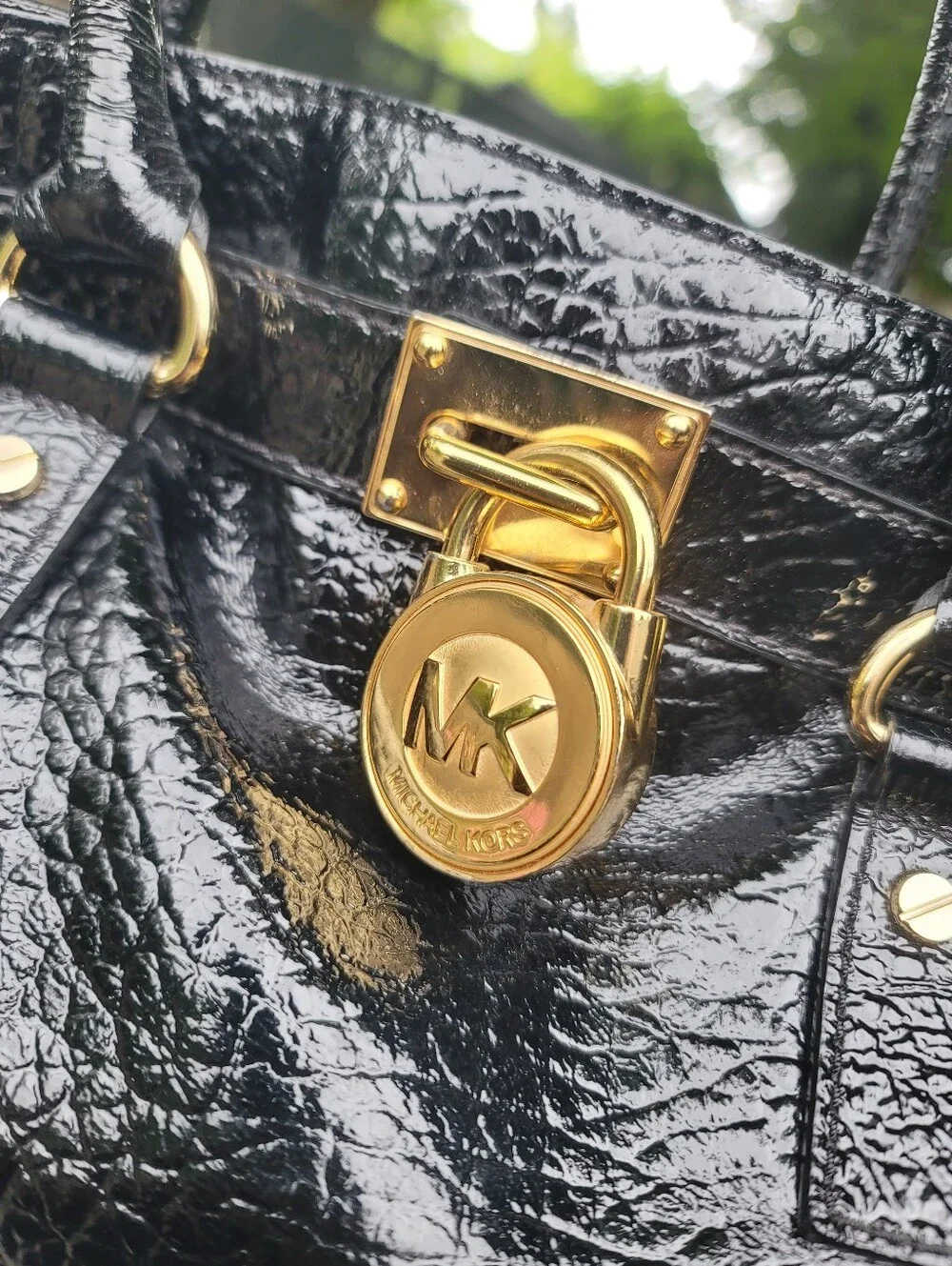 MK Black Patent Leather Tote Handbag with Gold Hardware